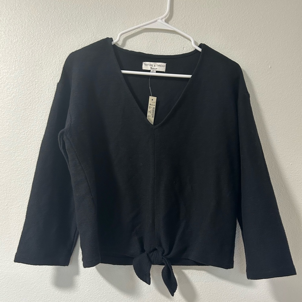 NWT Madewell Texture & Thread Tie Front Black Ribbed 3/4 Sleeve